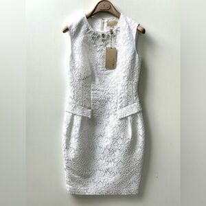 NWT Ports Elegant White Textured Floral Sheath Dress, Crystal Embellished, 2